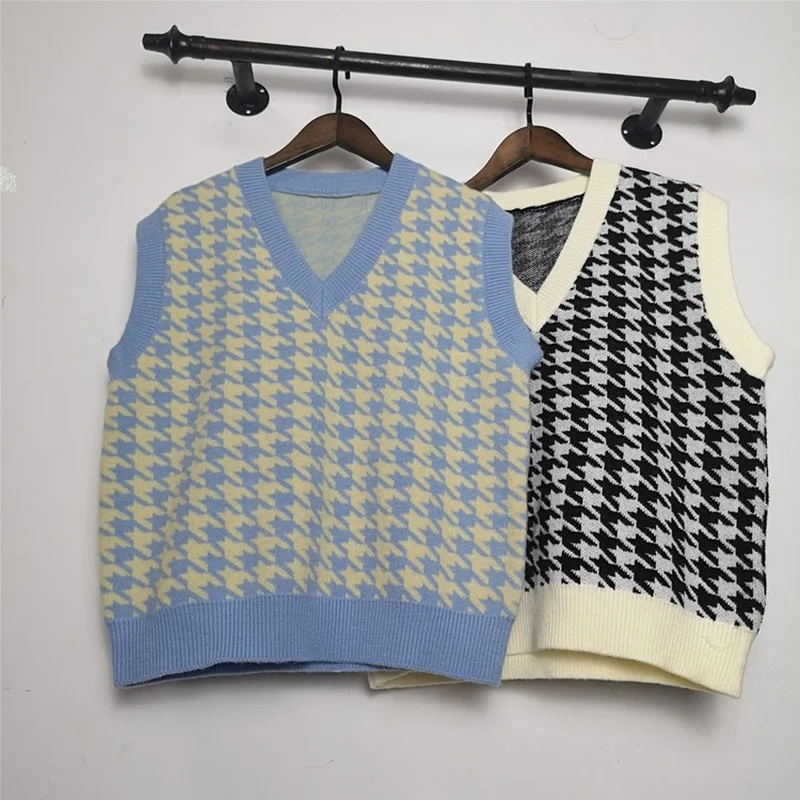 

Жилет из твида «гусиные лапки», Женский вязаный свитер, Новинка осени 2021, Корейская Свободная верхняя одежда, жилет, пуловер, женский свитер ...