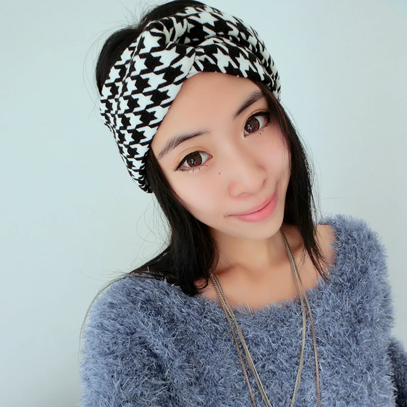 T17539 Fashion 100% Cotton New White Hound stooth Printed Headbands Head Bands Hair Twist Elastic Turban Headband For Women |