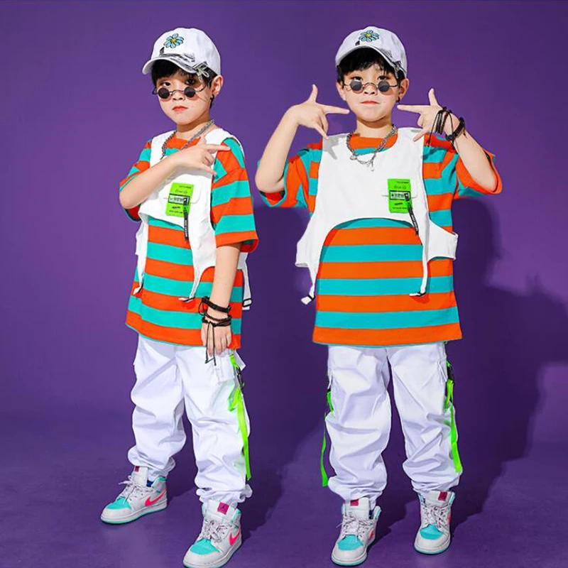 

Kids Hip Hop Clothing Stripe Tshirt Streetwear White Cargo Pants For Girls Boys Performance Jazz Dance Wear Costume Clothes