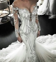 long sleeve mermaid wedding dresses bling crystal beaded luxury plus size bridal gown sweep train sheer neck vestido de noiva