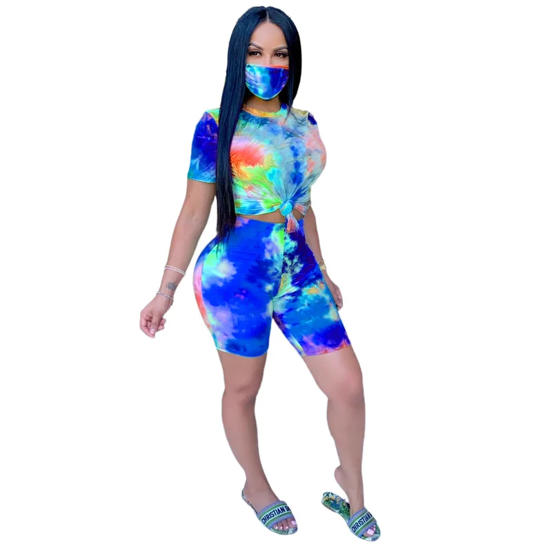 

New casual tie dye printed women's sports suit fashionable loose o-neck short sleeve T-shirt and shorts 2-piece set