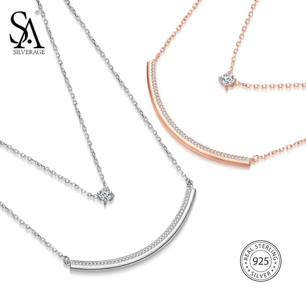 

SA SILVERAGE Long Bar Pendants Necklace With Round Rhinestone Gold-Color/Silver 925 Sterling Silver Two Layer Chain Necklaces