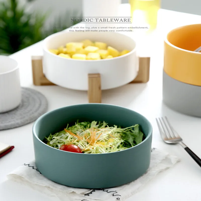 

850ml Large Creative Fruit Salad Bowl Dessert Bowl Nordic Household Wooden Foot Personalized Ceramic Bowl Tableware Dinner Set
