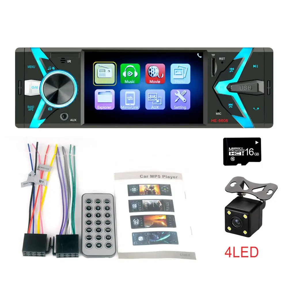 16G and 4 LED Автомагнитола 1din FM 4," автомобильный аудио стерео Bluetooth Aux Входной приемник SD USB Поддержка камеры заднего вида управление рулевым колесом - Цвет: 16G and 4 LED