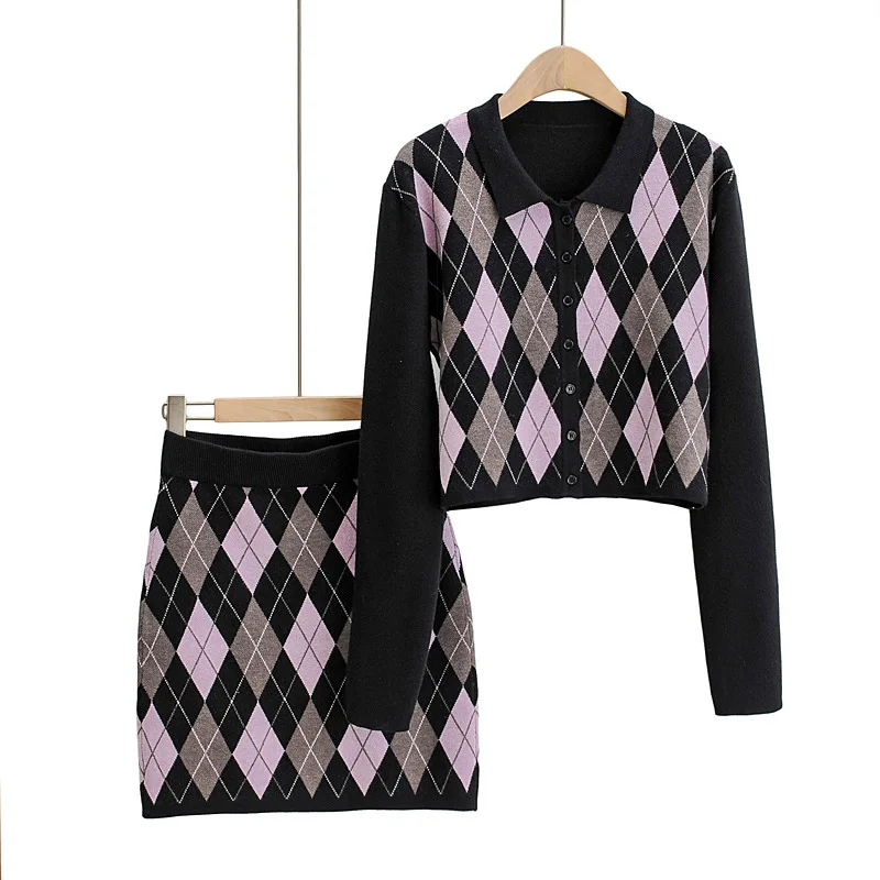 

Rhombus short slim Cardigan suit 2020 Women plaid pattern sweater tracksuit sets oversized sweater skirt suit 2 pieces sets lady