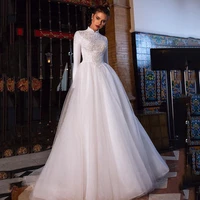 muslim arabic wedding dress high neck long sleeve appliques lace dubai bridal gowns tulle beach bride dress plus size