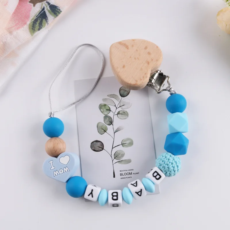 Cadena de chupete de madera de haya para beb&eacute;, clip de silicona personalizado, soporte para chupete, mordedor para beb&eacute; roedor-4