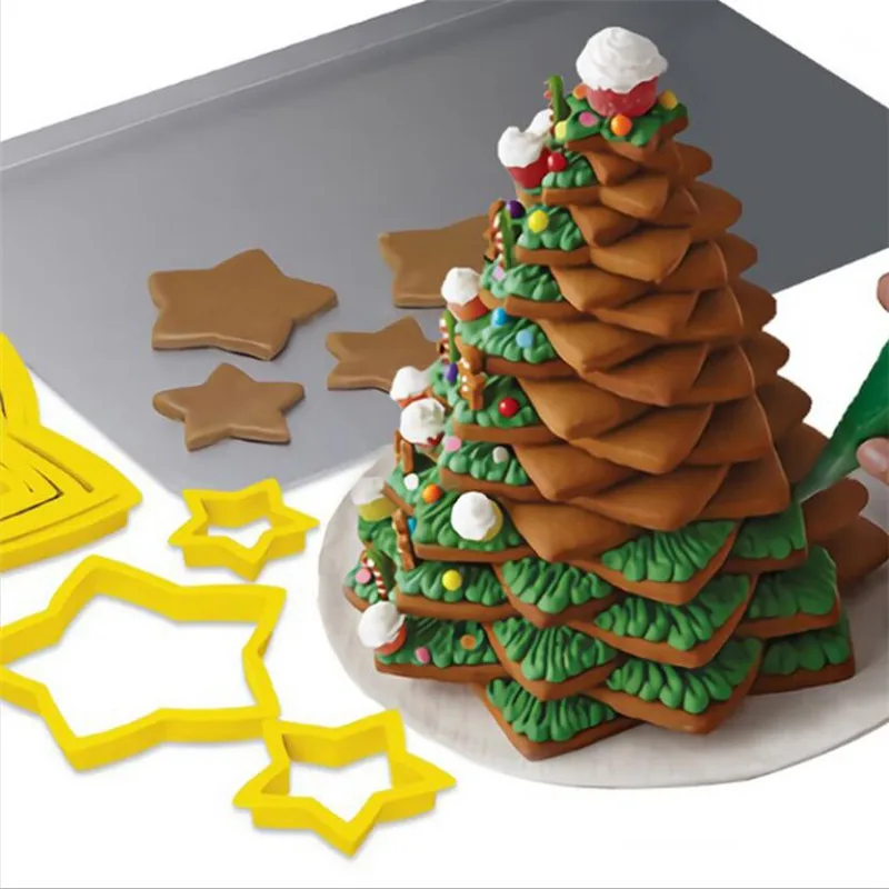6Pcs/set Christmas Tree Cookie Cutter Stars Shape Fondant Cake Biscuit Mold Plunger 3D Decorating Tools baking tool | Дом и сад