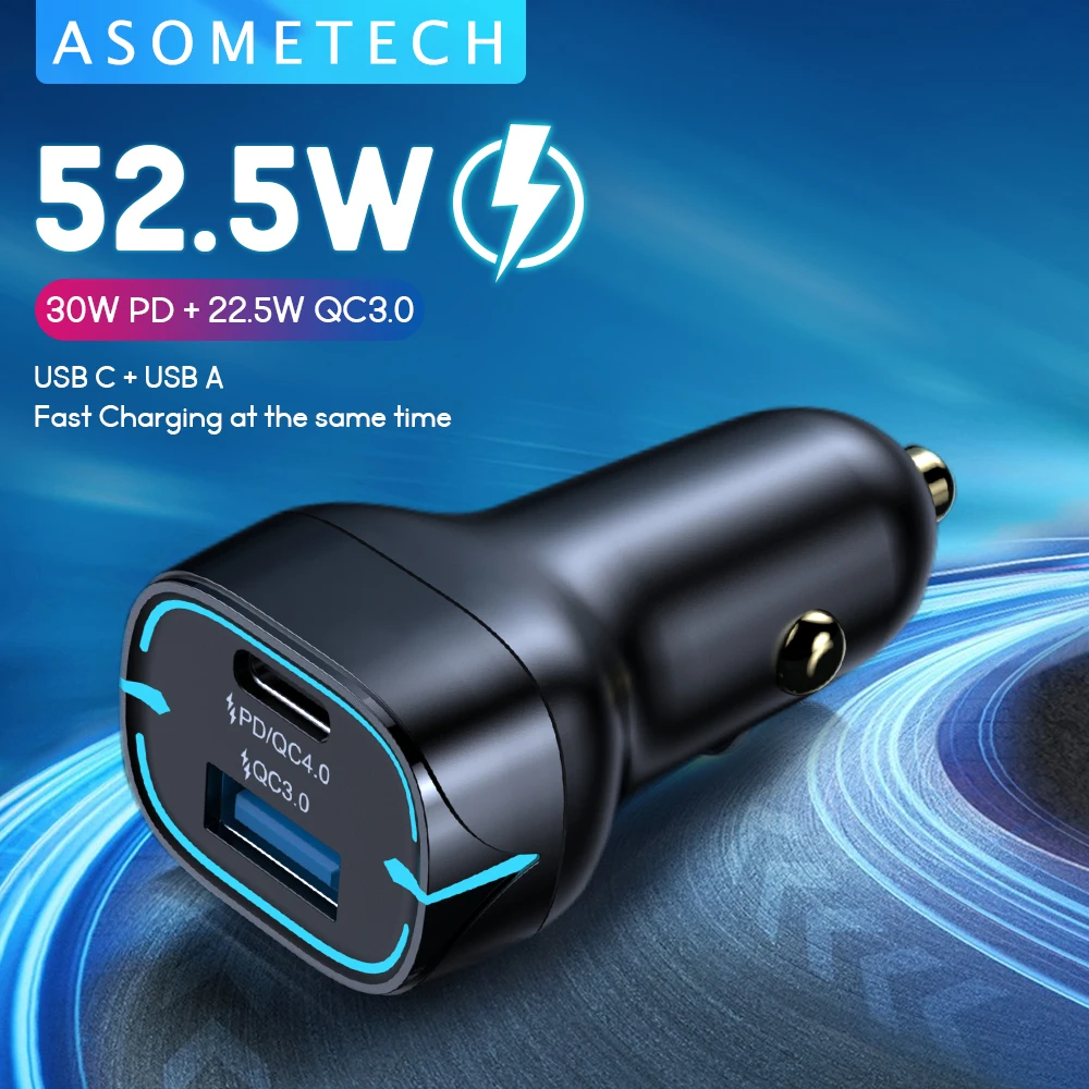 

Автомобильное зарядное устройство USB Type-C, 52,5 Вт, PD, быстрая зарядка для iPhone 12, iPad, Quick Charge 4,0, 3,0, автомобильное зарядное устройство USB, адаптер д...