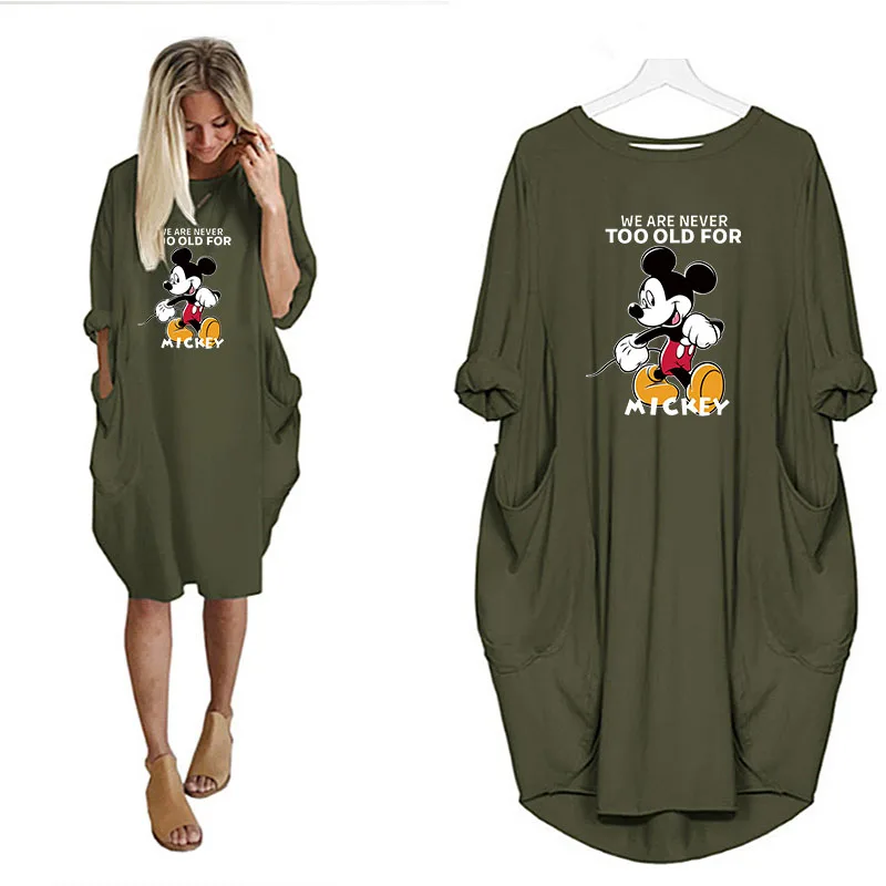 

Mickey Mouse Women Long Sleeve Loose Midi Dresses Cartoon Print Disney Sundress Beach Dress Pockets Autumn Robe Femme Streetwear