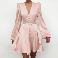 2021 elegant women button a line mini dres spring fashion satin pink long sleeve dresss casual loose v neck party dress vestido
