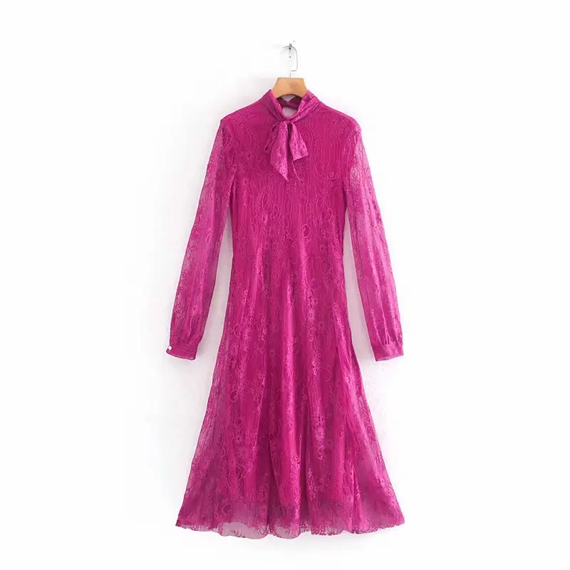 Женское Элегантное повседневное Приталенное кружевное платье миди с бантом и