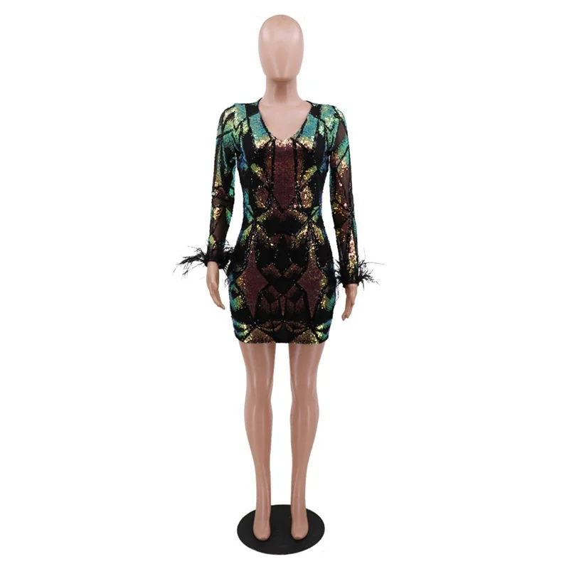 

Autumn Sequin Party Dress Women V Neck Feather Hem Sleeve Dresses Streetwear Sparkly Glitter Ladies Bling Dress