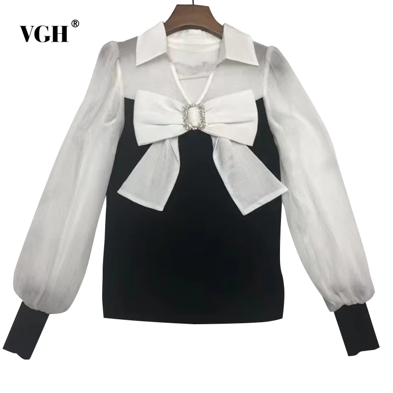 

VGH Patchwork Bowknot Colorblock Slim Shirt Female V Neck Long Sleeve Fashion Temperament Blouse For Women Autumn Style 2021 New