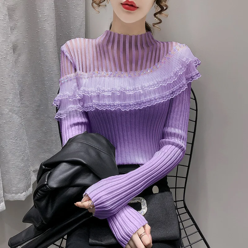 

Fashion lace sweater 2021 new spring autumn thick lotus leaf half high neck diamond-studded purple lace shirt women