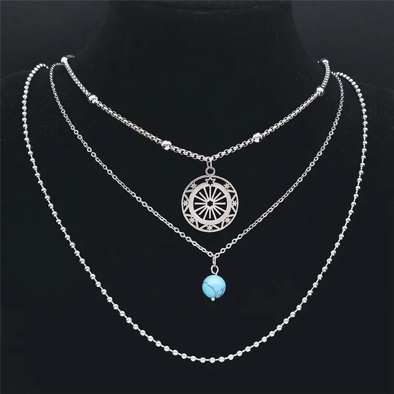 

Boho Sun Blue Natural Stone Stainless Steel 3 Layer Necklaces for Women/Men Round Jewelry bijoux femme acier inoxyd NXS04