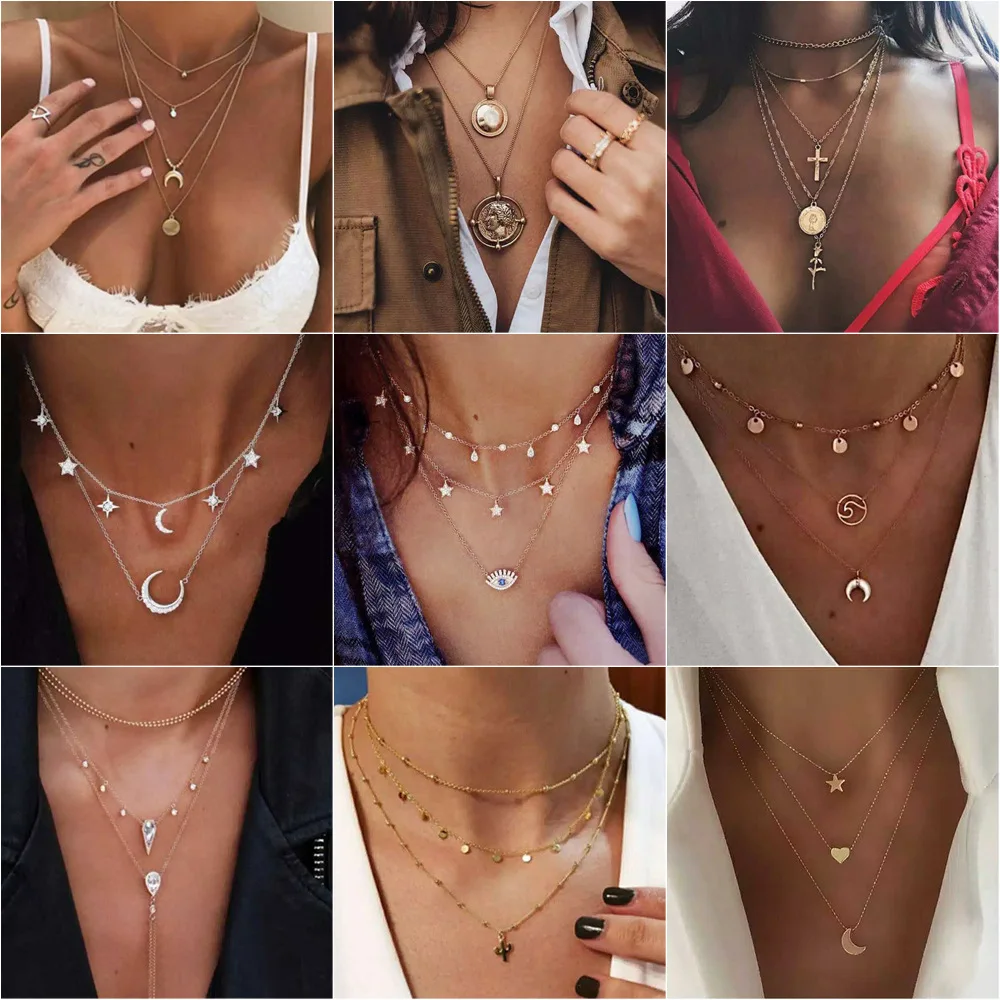 

VILAGE Simple Style Ladies Fashion Exquisite Multi-layer Cross Moon Clavicle Chain Necklace Pendant for Ladies Bohemian Jewelry