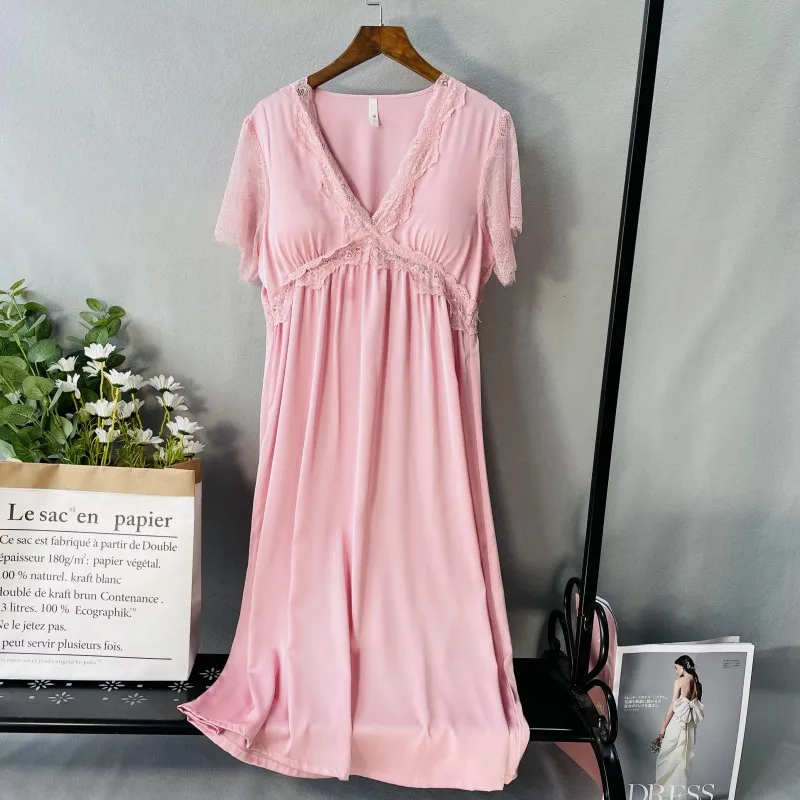 Women Sexy Long Nightdress Sleepwear Lace Satin Patchwork Nightgown Intimate Lingerie Casual Home Clothing Summer New Homewear