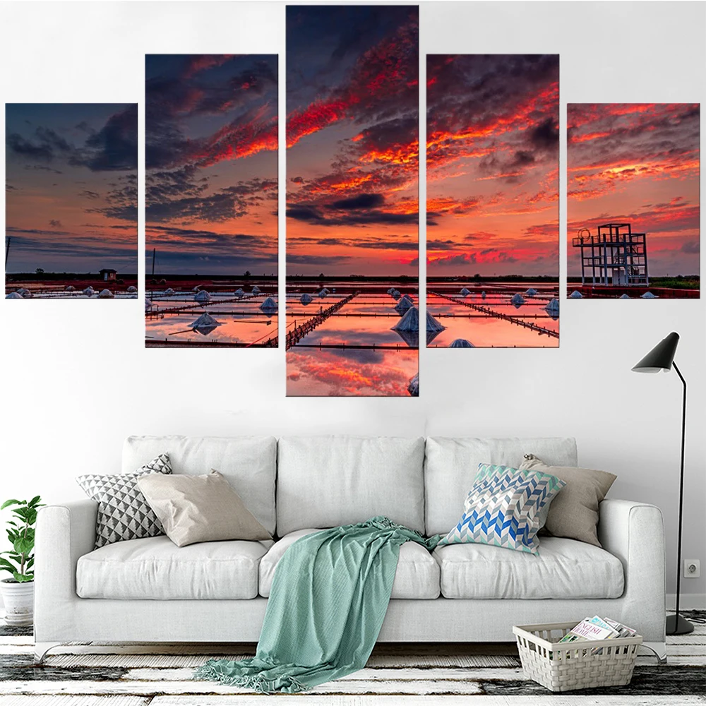 

5 Pieces Wall Art Canvas Painting Lake Landscape Poster Red Sunset Modern Living Room Bedroom Home Decoration Framework Pictures