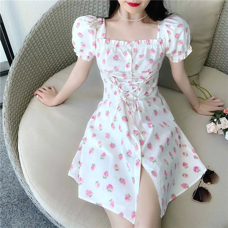

Strawberry Fairy Grunge Chiffon Dress Korean Fashion Casual Square Collar Bandage Kawaii Elegant Mini Summer Dresses for Women