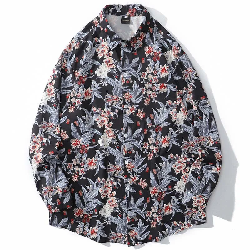 

Mens Floral Print Hawaii Beach Shirts Harajuku Streetwear 2020 SS Long Sleeve Blouse Hiphop Unisex Black Shirts Tops and Blouse