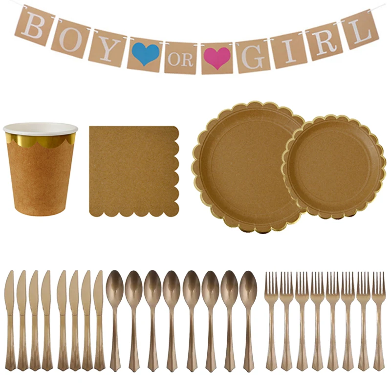 

Bronzing Soild Color Kraft Paper Disposable Tableware Birthday Party Set Cups Plates Straw Napkins Adult Children Party Supply