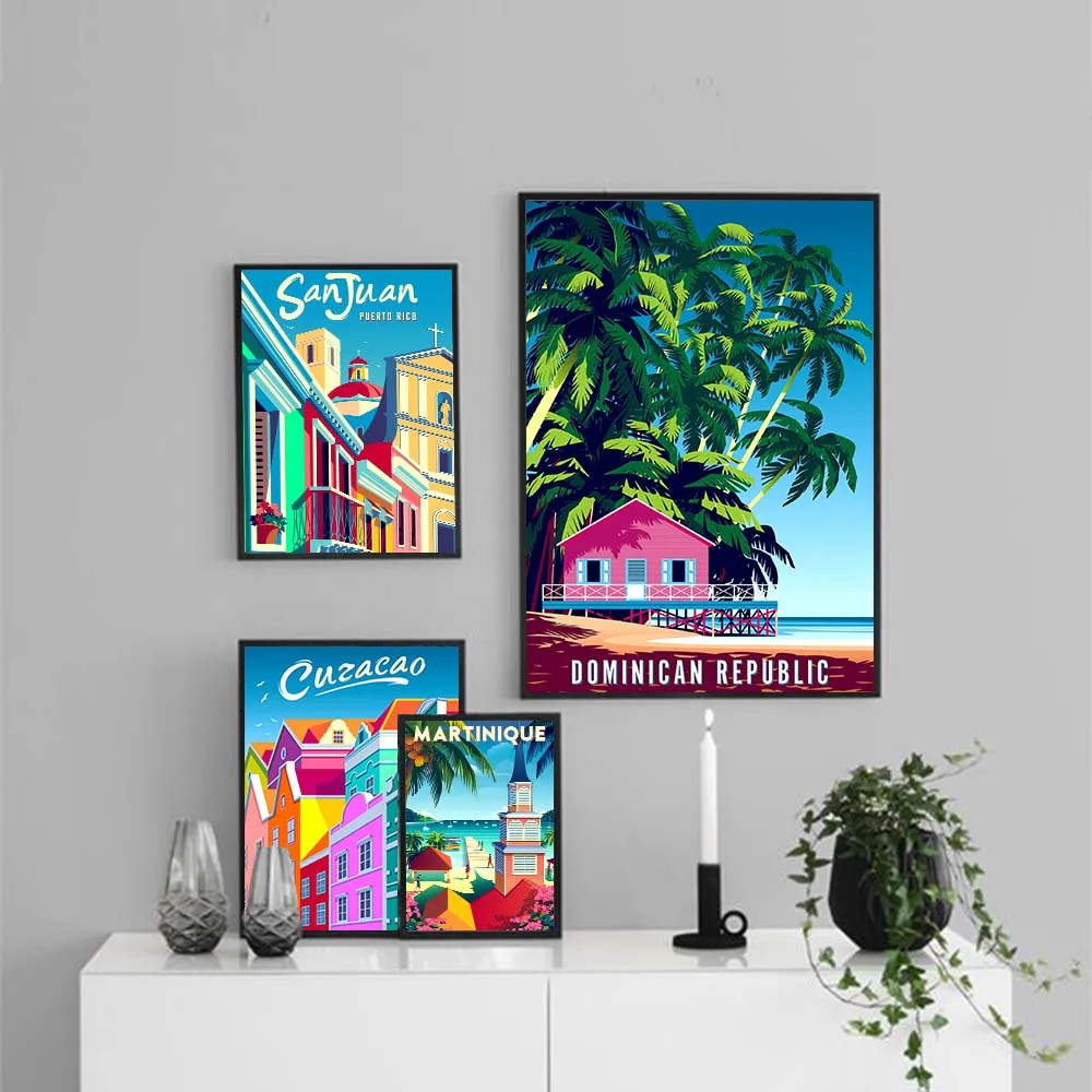 Модный ретро постер для путешествий Карибское искусство Город мультфильм пейзаж