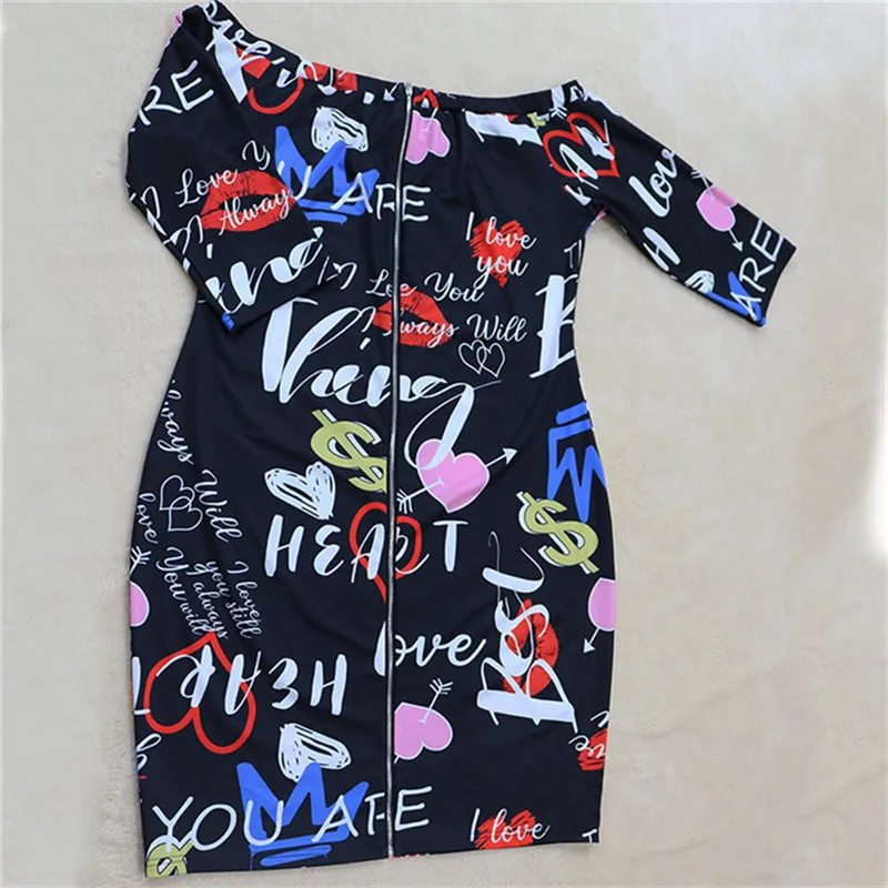 

Plus Size Casual Strapless Dresses Women Letter Lip Printed Zipper African Midi Bodycon Dress Sexy Lady Elegant Clothing