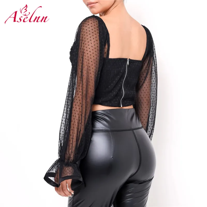 Aselnn элегантные женские шифоновые сетчатые кроп топы в горошек с длинным рукавом