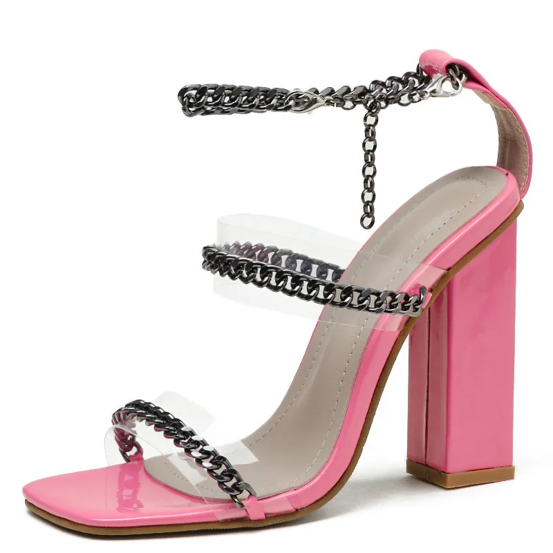 

OllyMurs Shoes Women Pumps Fashion Women Shoes Block Heels Women PVC Buckle Party High Heels Women Sandals Chain Ladies Shoes