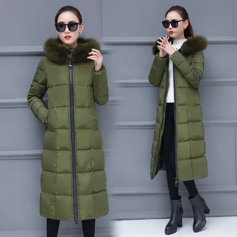 Свободное зимнее длинное пальто с меховым капюшоном для женщин парка Feminina