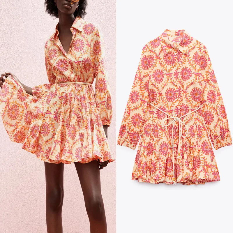 

Мини-платье женское Плиссированное с принтом Za, модное короткое платье на пуговицах, с отложным воротником, длинным рукавом-фонариком, с зав...