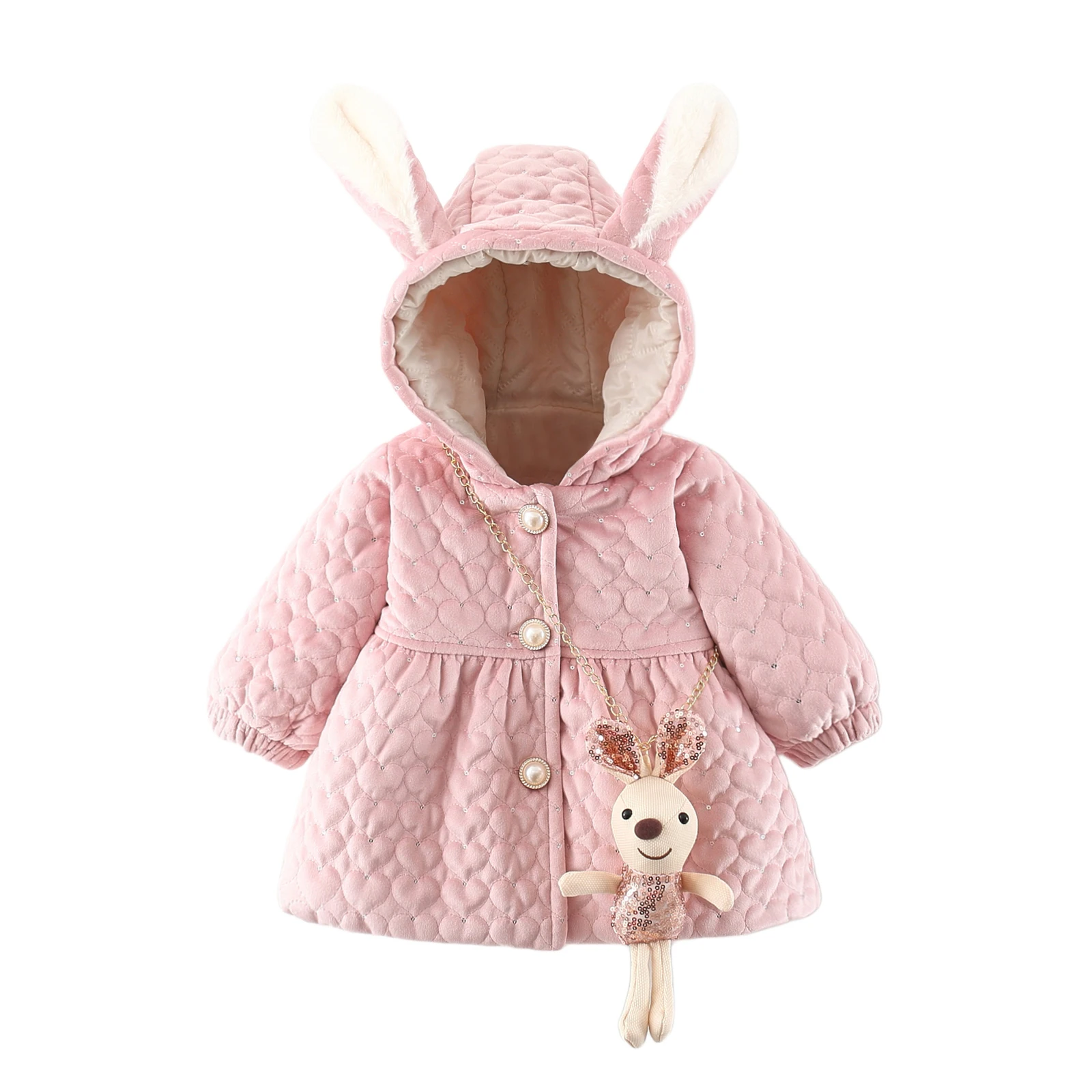 

Baby Girl Winter Hooded Jacket Solid Color Single-breasted Trench Coat Outerwear with Bunny Toy Pendant Snow Wear