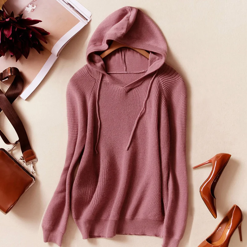 Simple European American Autumn Winter Pink New Hooded Solid Cashmere Sweater for Women Burgundy High Street Pullovers | Женская одежда