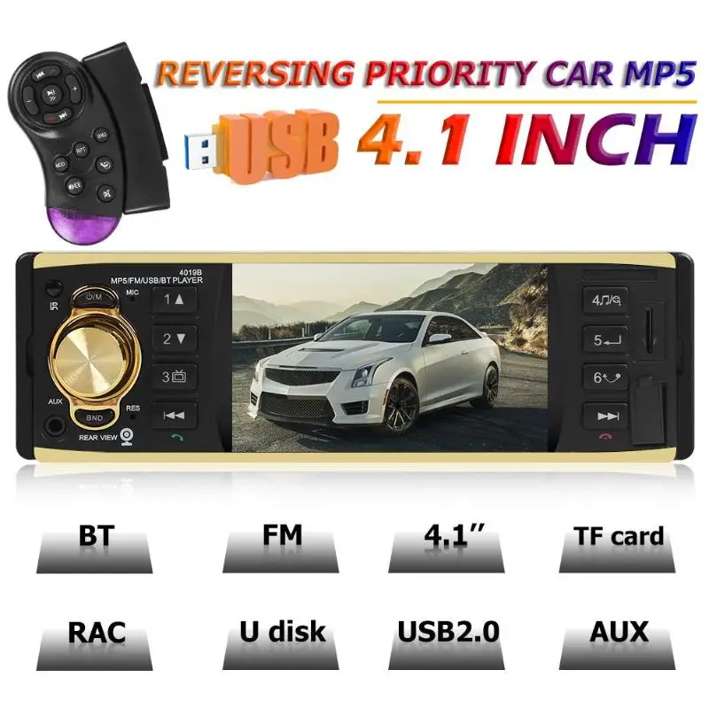 Автомагнитола 1 Din 4 дюйма 4019B AUX FM Bluetooth поддержка камеры заднего вида
