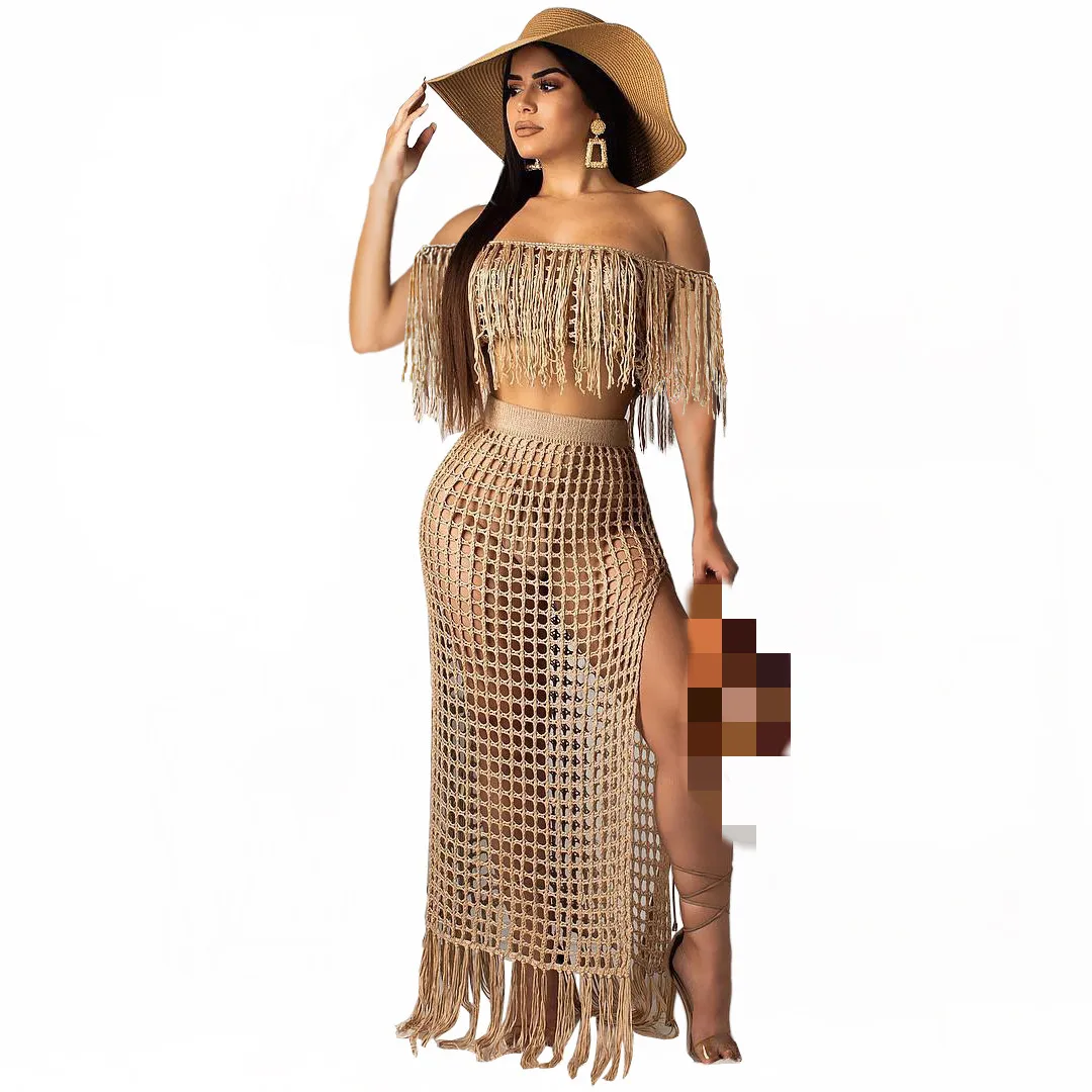 

JRRY Casual Women Knitted Set Slash Neck Cover Ups Slit Skirt Tassel Crocheted 2 Pieces Set Hollow Out Crochet Beach Wear