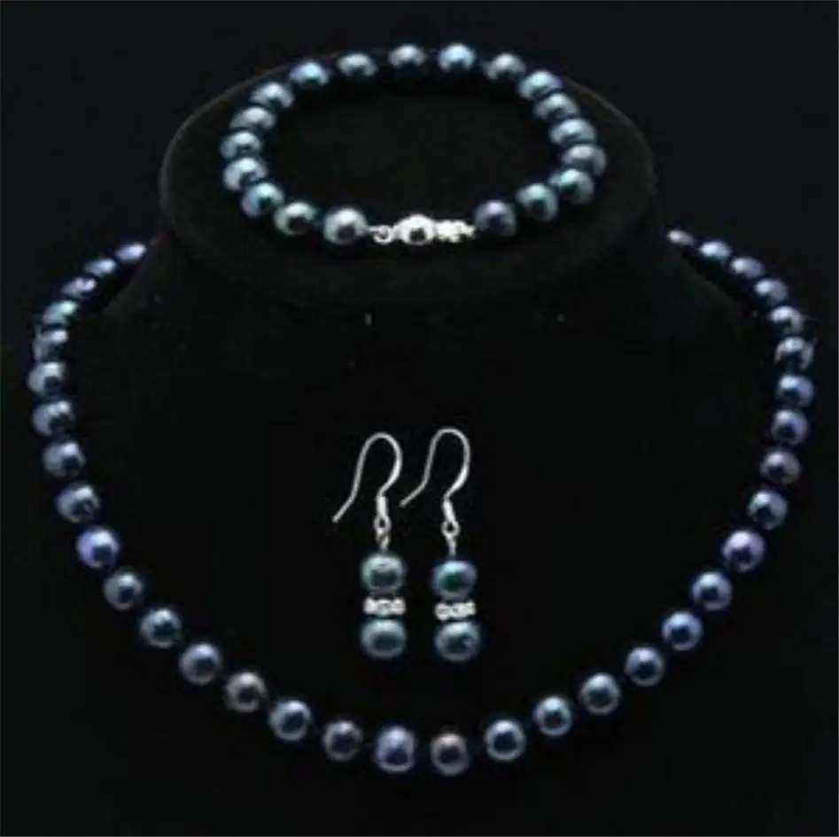 

Natural 7-8mm black Akoya Pearl Necklace Bracelet Earring 1 Sets 18" & 7.5"