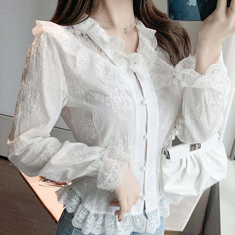 

Autumn Long Sleeve White Blouse Shirt Blouse Women Blusas Mujer De Moda 2021 Ruffles Lace V-Neck Blouse Tops Women Blusa D687
