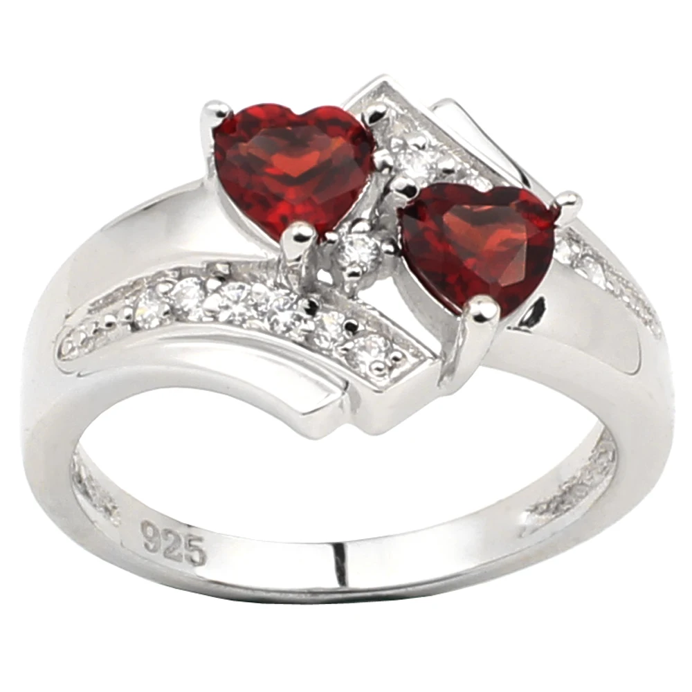 

Silver 925 Ring Women Red Garnet Double Heart Gemstone 5x5mm Crystal Jewelry January Birthstone Capricorn Sign R014RGN
