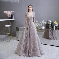 dubai luxury long sleeve evening dress 2021 gorgeous v neck lace pleated beaded crystal a line formal gown vestidos de fiesta