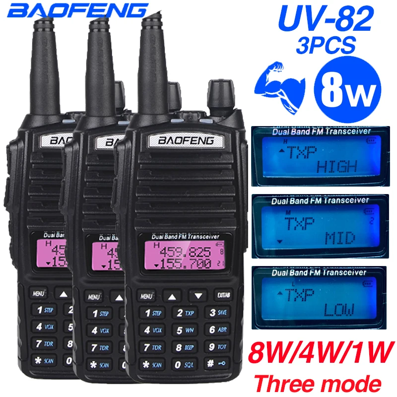Рация Baofeng UV 82 3 шт. 8 Вт СВЧ/УВЧ трансивер UV82 CB Ham радио двухдиапазонный 136 174/400 520 МГц