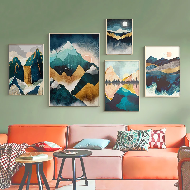 

Nordic Abstract Landscape Geometric Mountain Wall Art Canvas Painting Forest Sunrise Art Poster Print Wall Picture