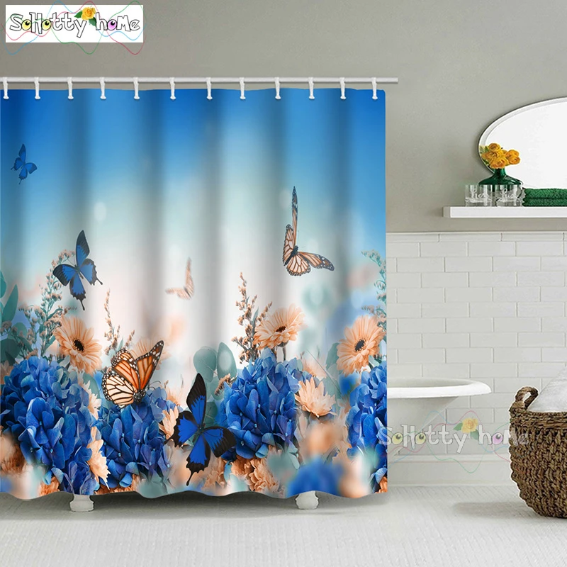 

Бабочка печать лес душ занавеска современный синий пейзаж Ванна занавеска с крючками для ванной водонепроницаемый Пейзаж