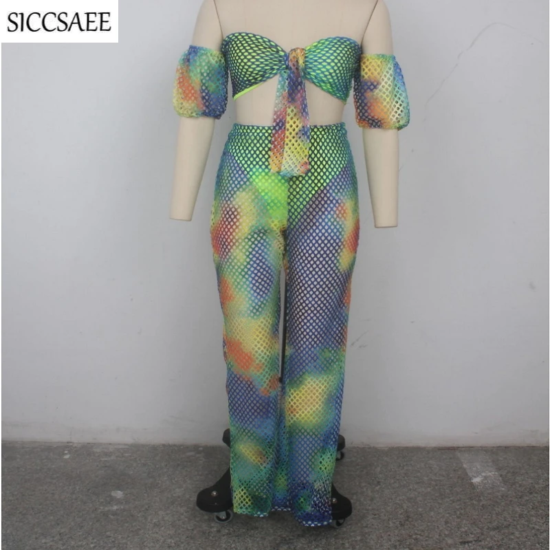

Gradient Color Print Two Piece Set Bow Strapless Outfits Backless Tube Bodysuit Crop Top Wide Leg Pants Sheer Sexy Mesh Crochet