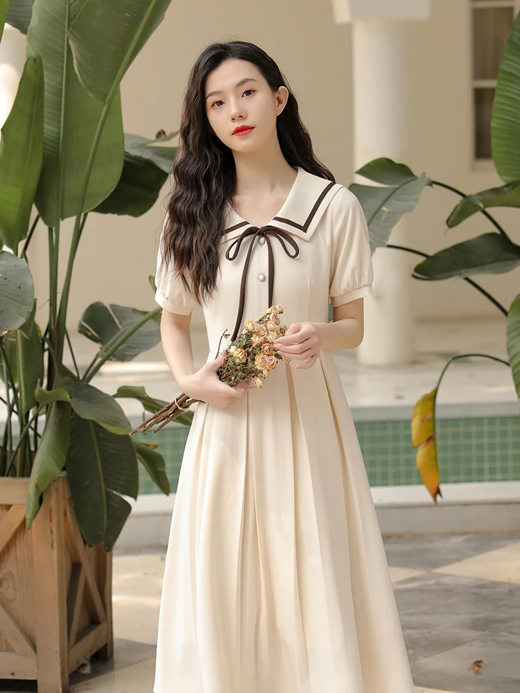 

New Temperament Small A-line Skirt Female Summer Long Dress Tea Break French Fairy Gentle Wind First Love Sweet Sailor Collar