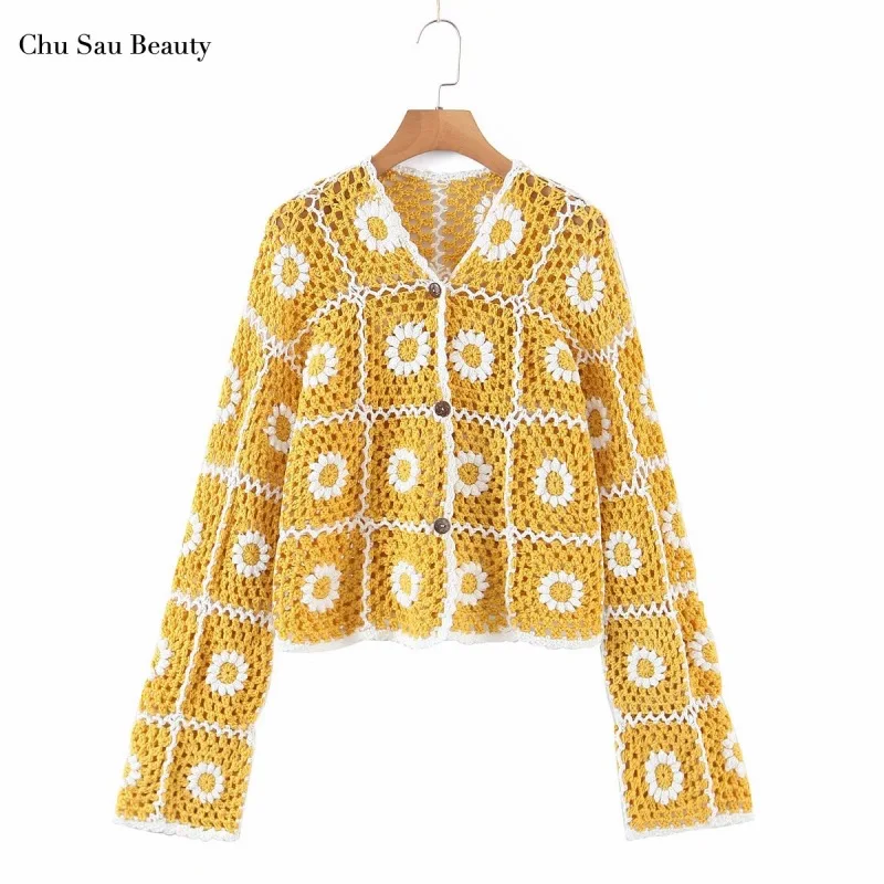 

Чудесная летняя Солнцезащитная куртка Chu Sau для отпуска, вязаный крючком кардиган ручной работы в виде подсолнуха, милый свитер с вырезами