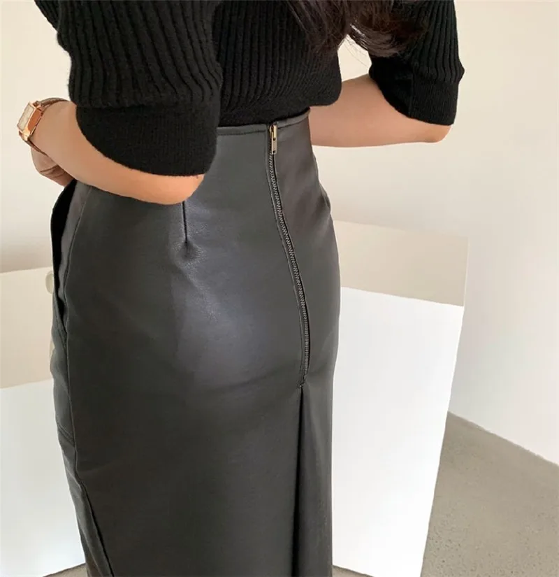 

New Ladies PU Leather Skirt High Waist Bag Hip Skirt Female Front Split Zipper Midi Pencil Short Dresses 2021 Autumn and Winter