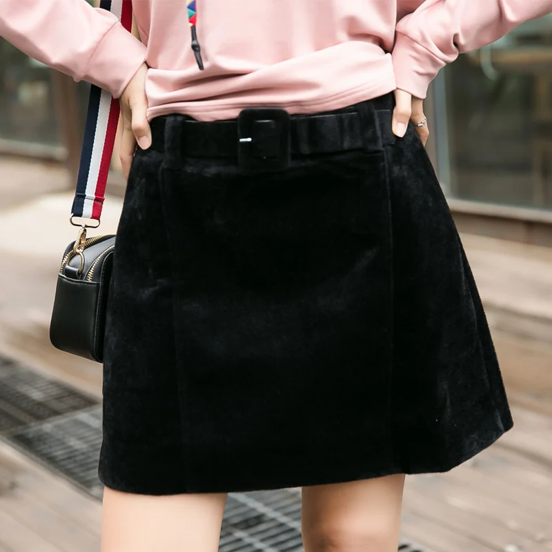 Шерстяные теплые мини-юбки размера плюс 4XL высокая талия свободный пояс черные