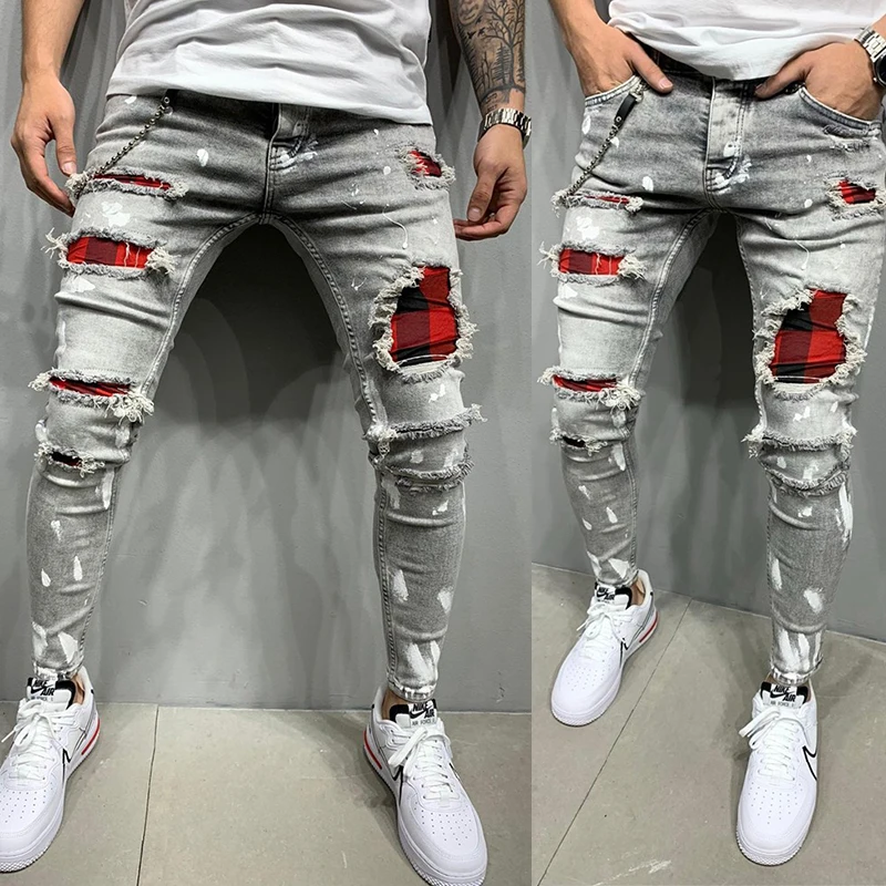 

Men's Skinny Ripped Jeans Plaid Patchwork Denim Trousers Hip-Hop Print Jogging Pencil High Quality Denim Men Pants