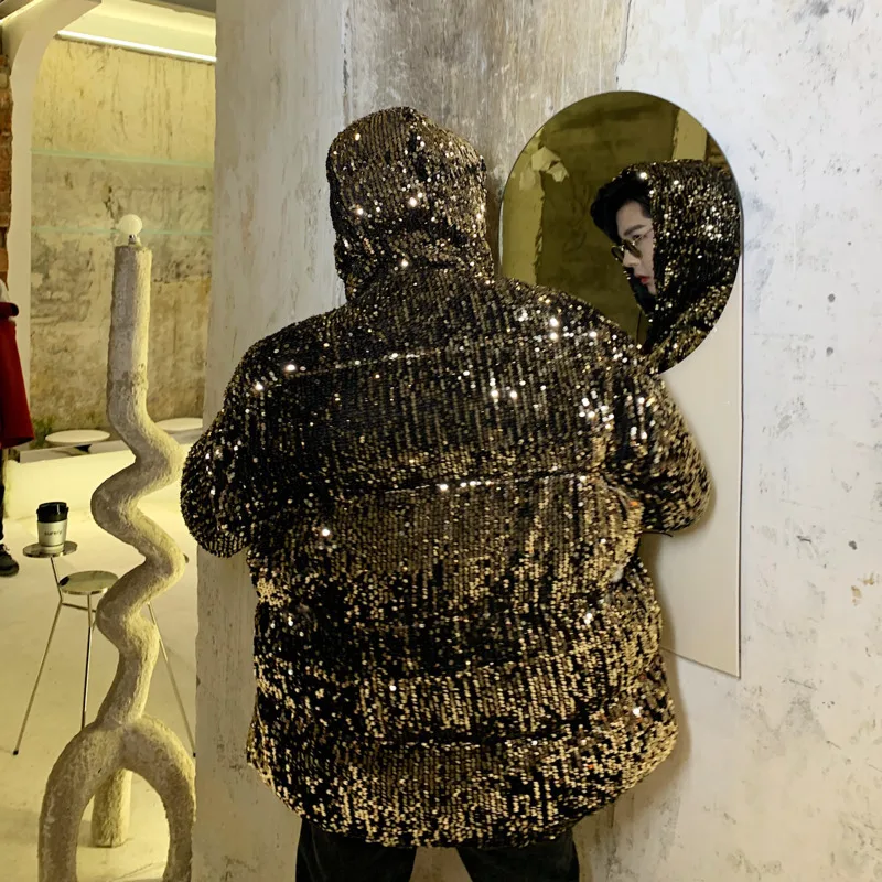 Парка мужская утепленная с пайетками модная повседневная куртка капюшоном